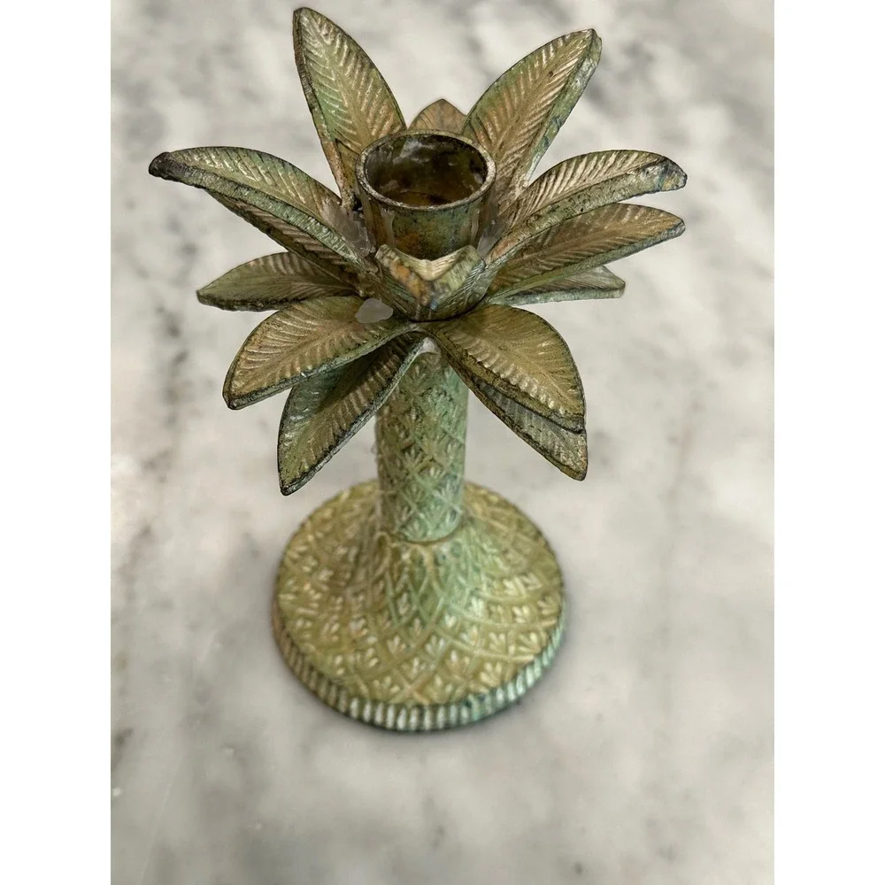 Vintage Brass Palm Tree Candlestick Hollywood Regency Coastal Palm Beach 6in